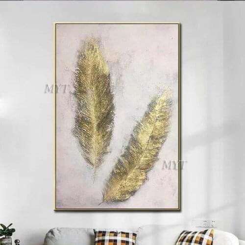 Two Golden Ffeathers Oil Painting Abstract 100% Handpainted Modern High Quality On Canvas Wall Art Home Decoration Beautiful