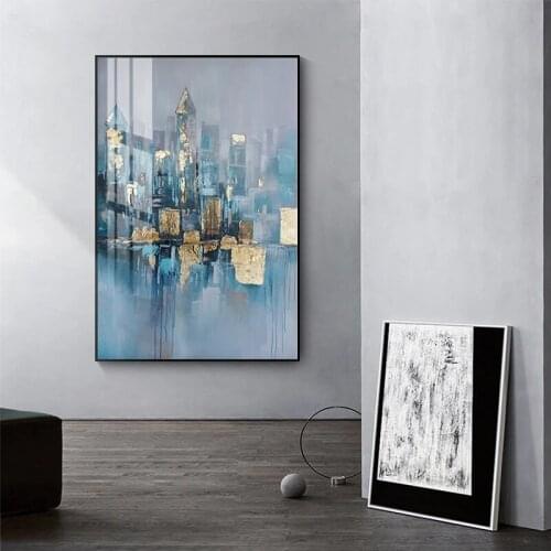 Abstract City Building Blue and Golden Canvas Painting Wall Art Modern Home Decor Printed Canvas Posters Prints for Living Room