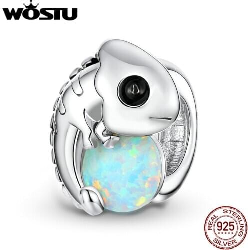 WOSTU Opal Charms 925 Sterling Silver Chameleon Animal Opal Beads Charms fit Women Bracelets Silver 925 Jewelry Making CTC254