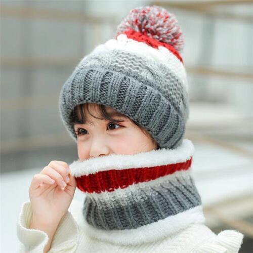 Big Kids Winter Knit Hat and Scarf Set Child Plush Warm Pom Pom Cap Scarves 2019 Girls Patchwork Circular Scarf Hat 5-12T