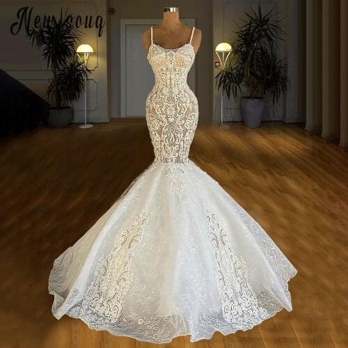Elegant Lace Mermaid Wedding Dresses 2021 Spaghetti Straps Applique Beaded Sweep Train Bridal Gowns Custom Made