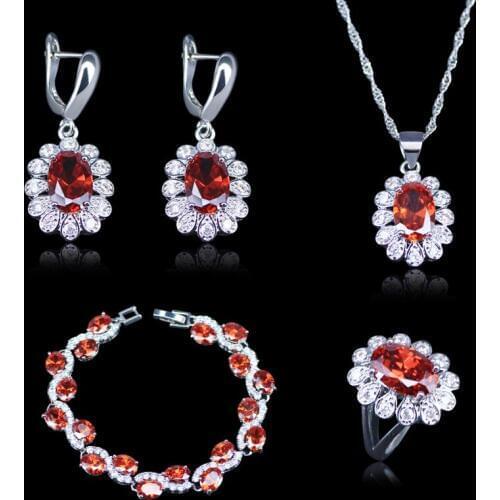 Elegant Oval Silver Color Princess Red Crystal Stone Fashion Women Drop Earrings Necklace Pendant Rings Set