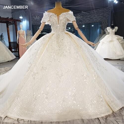 HTL2112 Short Sleeve Luxurious Sexy V-Neck Crystal Beading Sequined Wedding Dress 2021 For Woman Ball Gowns