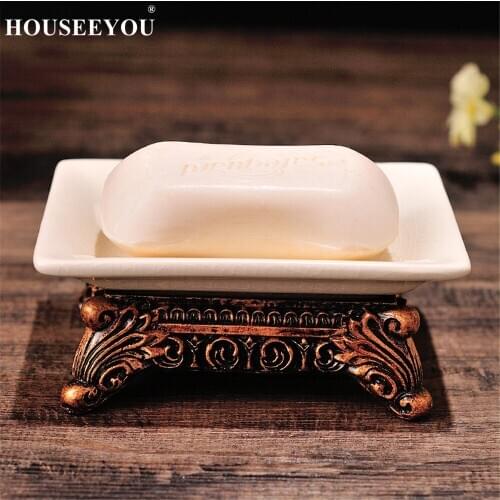European Style Retro Ceramic Drain Soap Dish Box Laundry Soap Tray Box Holder Rack Plate Bathroom Bath Decorative Storage Crafts