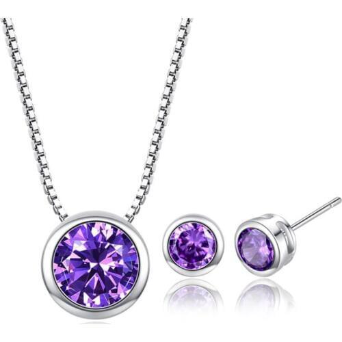KOFSAC New Fashion 925 Silver Jewelry Sets For Women Wedding Minimalism Colorful Crystal Round Earrings Necklaces Set Bride Gift