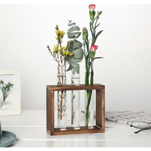 Hydroponic Plants Container with Wood Frame, Clear Glass Test Tube Vase for Home Decoration Test tube hydroponic vase