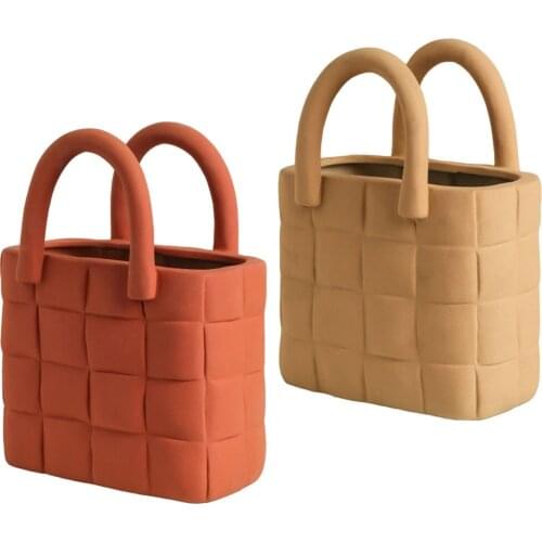 Nordic Creative Hand Bag Ceramic Vase Flower Basket Living Room Flower Arrangement Home Decor Accessories Art Sculpture