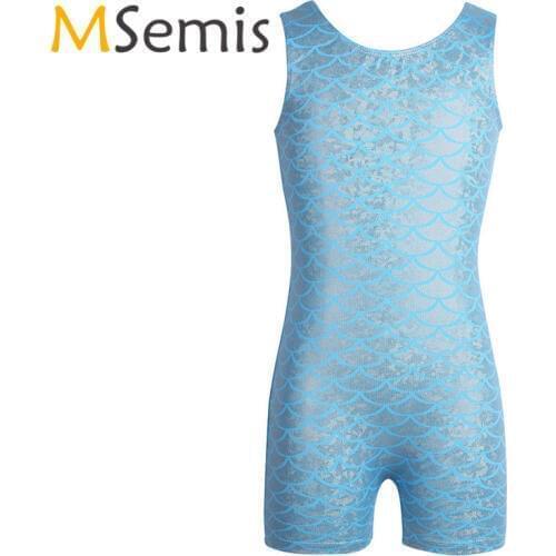 Kids Girls Ballet Leotard Swimsuit for Gymnastics One-piece Sleeveless Glittery Scales Printed Dance Gymnastics Jumpsuit Unitard