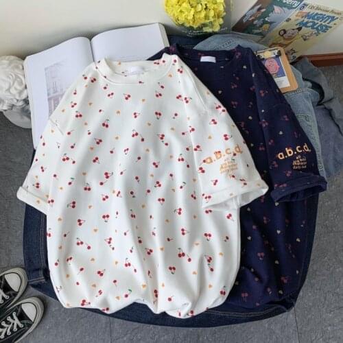 Summer new T-shirts Women clothes Cherry letter print O-neck short-sleeved T-shirt loose all-match female casual oversized tops