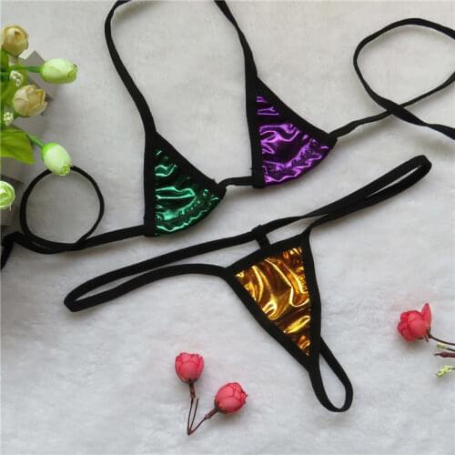 Micro bikini Sexy swimwear women swimsuit women biquini mini bikinis Patent leather Bright light Contrast Edging Triangle Halter