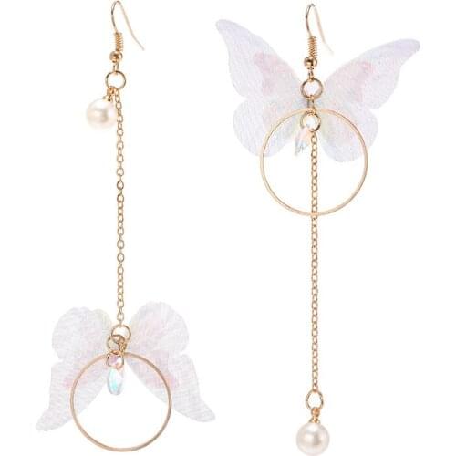 Fashionable And Simple Temperament Long Asymmetrical Butterfly Tassel Earrings Metal Circle Inlaid Pearl Earrings Women