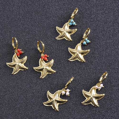 The New Listing Classic Natural Pearl Blue Turquoise Red Coral Bead Pendant 18k Gold Plated Earrings Stone Earrings women