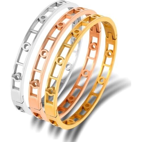 Charming Hollow Round Bracelets Bangles Stainless Steel Bangle Cuff Bracelet Gold Color For Men Women Jewelry
