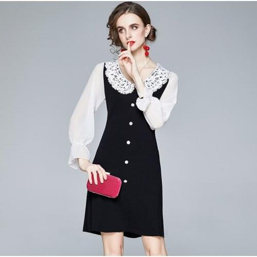 Autumn Knit Patchwork Sweater Dress 2021 Women Flare Sleeve Splicing Lace Peter Pan Collar Slim Party Short Dress k6965