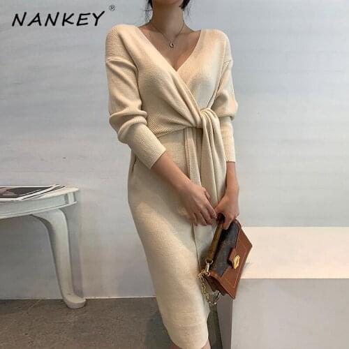 NANKEY Women Wrap Dress Casual V-neck Lace Up Knitted Dress Solid Asymmetrical Sweater Elegant Loose Female Winter vestido