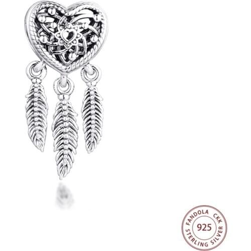 Real 925 Sterling Silver Openwork Heart & Three Feathers Dreamcatcher Charms Fits Pandora Bracelet Beads for Jewelry Making