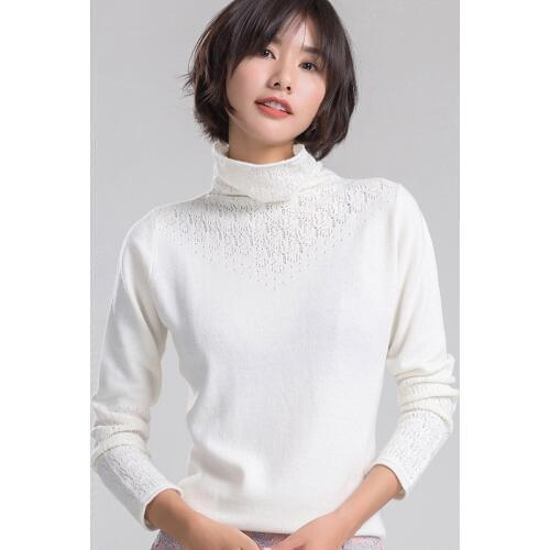 New fashion cashmere wool blend knit women basics pullover sweater piles high collar hollow out jacquard M-XL retail wholesale