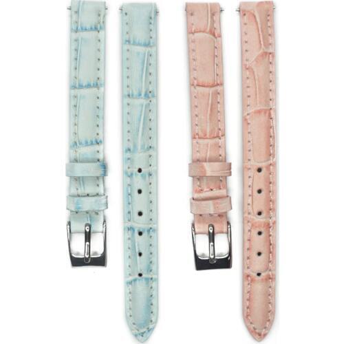 YQI Genuine Leather Watchband 10mm Calf Leather Watch Band Watch Strap Small Size Blue Pink for Hour for Women Men Steel Buckle