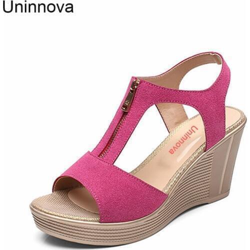 Womens High Heel Simple Platform T-strap Zip Sandals Durable Leather Ankle Wrap Shoes Uninnova Extra Large Size 33-43 WSA027