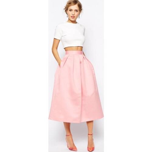 Graceful Pink Satin Skirts 2016 A Line Chic Invisible Zipper Waist Pleated Skirt High Quality Tea Length Lady Fashion Skirts