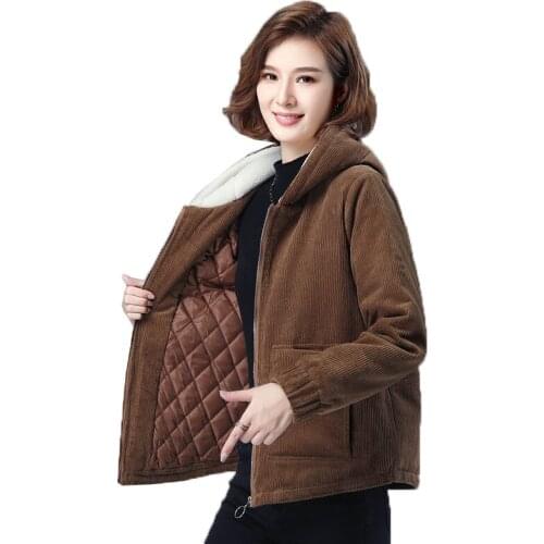 New 2021 Autumn Winter Corduroy Ladies Jacket Add Cotton Mid Long Large Size Loose Middle-Aged Mother Womens All-Match Coats