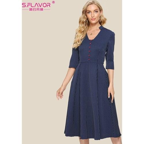 S.FLAVOR Autumn Women Striped A Line Dress Elegant Office Lady 3/4 Sleeve Mid Vestidos V Neck Female Button Casual Dress Winter