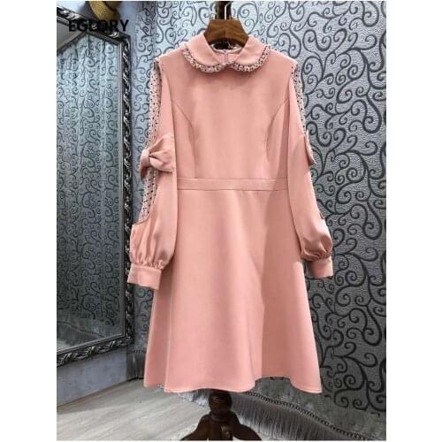 Sweet Cute Dress 2021 Spring Party Runway Ladies Peter Pan Collar Polka Dot Print Patchwork Bow Deco Long Sleeve Dress Chic