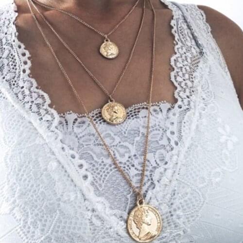 3 Pcs/Set Women Fashion Necklace Multilayer Golden Coin Portrait Pendant Bohemian Fashion Clavicle Chain Party Wedding Jewelry