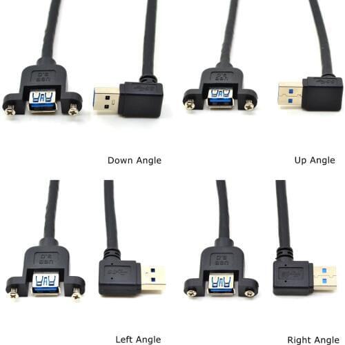 30CM USB 3.0 Extension Cable Left Right Up Down Angled Male to Female AM/AF extender cable Dual Shielded w/Screw Panel Mount 1FT