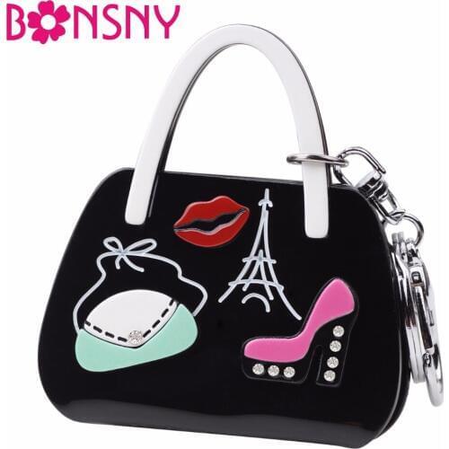Bonsny Acrylic High Heels Lips Eiffel Tower Pattern Handbag Shape Key Chain Keychains Ring Novelty Jewelry For Women Girls Gifts