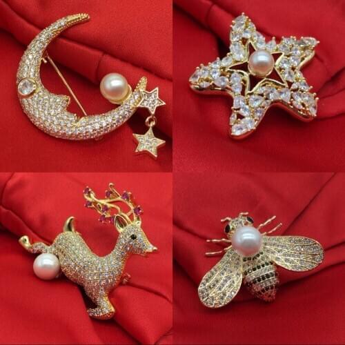ALPHONSE Exquisite Random Moon Stars Deer Insects Brooch Pearl Ms. Zircon Brooch Christmas Ornament Gift Pin Pendant