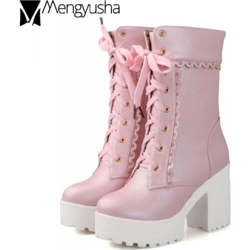 Winter Women shoes pink flower slide chunky knight boots thick bottom lace-up ankle botas platform high heel chelsea boots mujer
