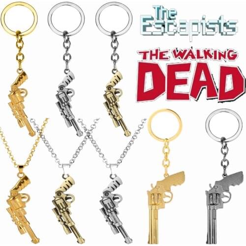 Revolver Gun Pendant Keychain 3D Design Gun Shape Enamel Keyrings Movie The Walking Dead Theme Pistol Gun Weapon Car Key Chain