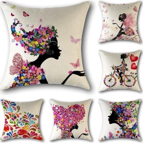 Cartoon Flower Beauty Girl Cushion Cover Butterfly Floral Riding Vintage Bicycle Bike Pillow Case Decorative Sofa Home Decor