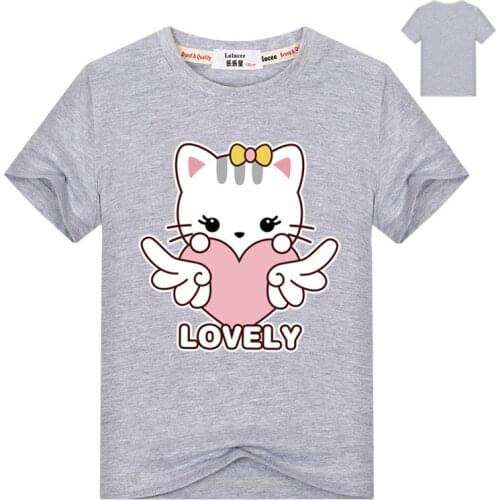 Girls Lovely Cat Pattern T-Shirts Kids Cute Angel Heart Cat Tops Casual Loose Street Style Tops Tee Shirts