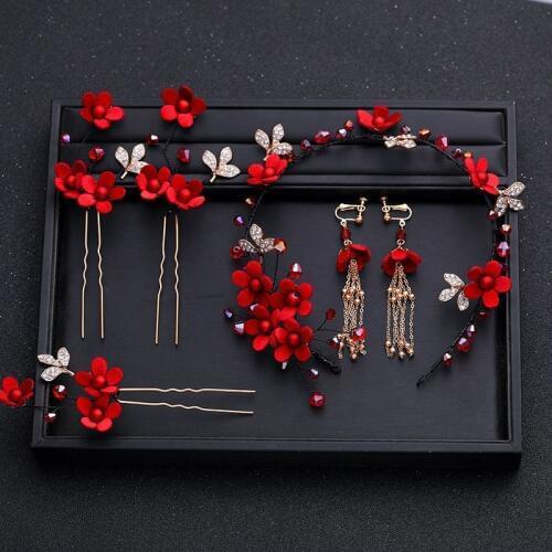 Chinese Traditional Costume Dress Tiara Red Earrings Headwear Hair Pins Bridal Wedding Hair Accessories Long Tassel Jewelry Sets