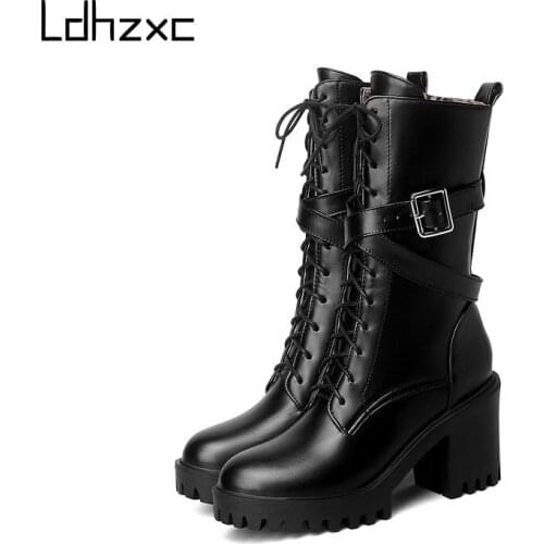 LDHZXC Hot Sale Autumn Lacing Mid-calf High Boots Women Fashion Platform Heel Woman Shoes Winter PU Leather Large Size 43