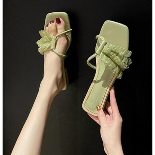 Summer New Style Fairy Wind Modern Slippers Fashion Outside Ruffles Concise Seaside Vacation Sandals Square Heel Low (1cm-3cm)