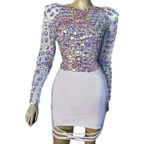 Personality Performance Dress Mesh Gauze Rhinestones Mini Dresses Theatrical Costume For Women Dance Wear Uniform Costumes