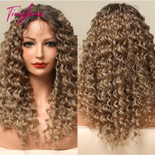 TINY LANA Ombre Brown Blonde Lace Front Wigs Long Kinky Curly Lace Frontal Synthetic Wig For Woman Daily Party Heat Resistant
