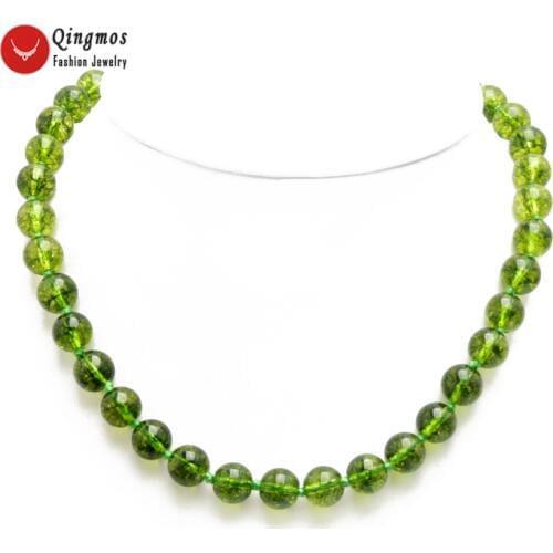 Qingmos Trendy Natural Green Peridot Necklace for Women with 6mm Round Peridot Stone Chokers Necklace Jewelry 17" nec6482