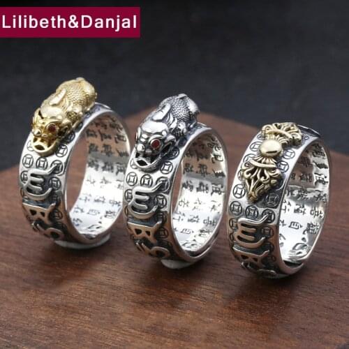 Men Adjustable Ring Real 925 Sterling Silver Buddha Mantra Implement Vajra Lucky brave troops adjustable Ring Jewelry 2019 R16