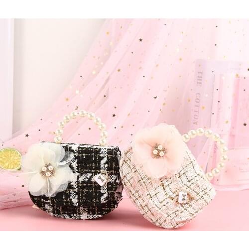 New Little Girls Tote Purse Lightweight Crossbody Purse Plaid Clutch with Pearl Handle