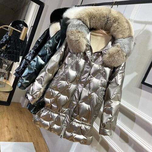 New Style Winter Glossy Down Coats Women Oversize Warm White Duck Down Parka Coat Woman Big Fur Collar Hooded Down Jackets Coats