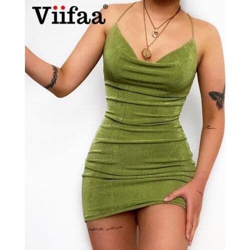 Viifaa Spaghetti Strap Sexy Low-Cut Mini Dress for Summer Stretchy Knitted Bodycon Women Backless Streetwear Party Dress