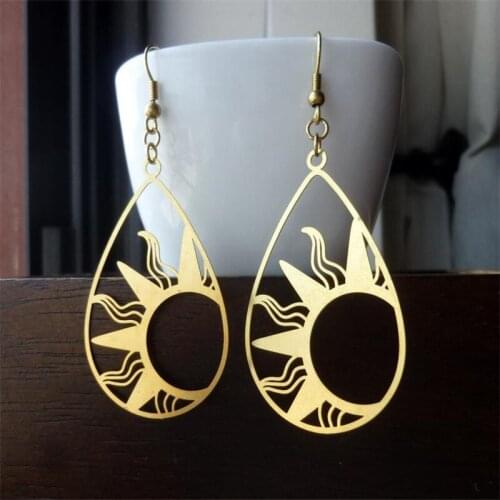 Raw Brass Sun Teardrop Earrings, Lightweight