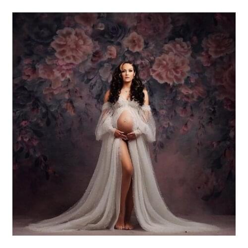 Chic Pearls Tulle Maternity Dresses Puffy Sleeves Sexy Open Front See Through Beaded Sweetheart Handmade Plus Size Pregnancy Pho