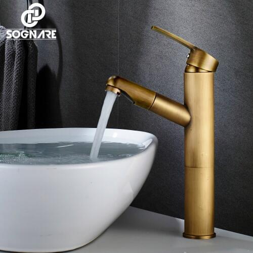 SOGNARE Antique Brass Single Handle Pull Out Bathroom Sink Faucet Mixer Tap Cold and Hot Basin Faucet Deck Mounted Water Mixer