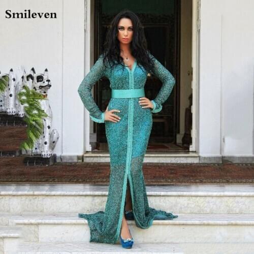 Smileven Mermaid Kaftan Formal Evening Dress Long Sleeve V Neck Sequins Party Dress Longo Dubai Special Occasion Dresses