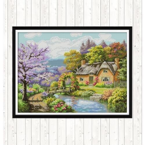 The Riverside Lodge Cross-stitch Embroidery Landscape 14CT Printed on Canvas DMC DIY for Needlework 11CT Counted Patterns Crafts